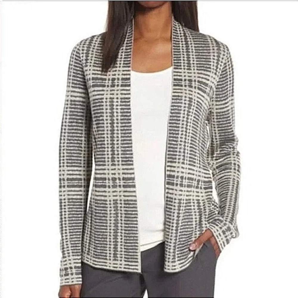 Eileen Fisher Gray White Plaid Open Front Cardigan Tencel Merino Wool Size M